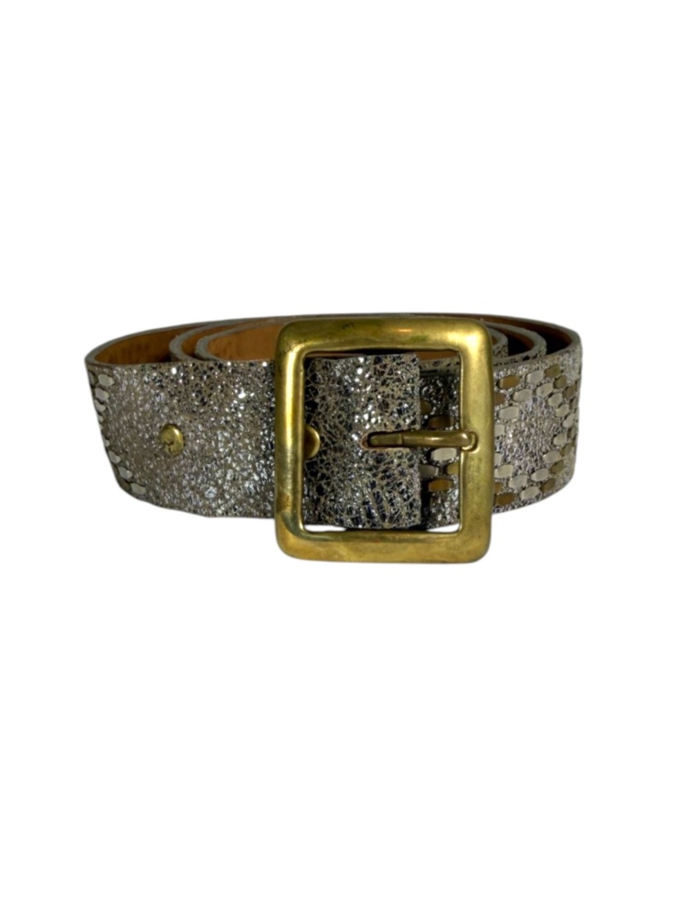 CALLEEN CORDERO Studded Crackled Leather Belt in Metallic Silver Size 34